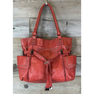 B MAKOWSKY ORANGE Leather Studded Hobo Shoulder Bag Large